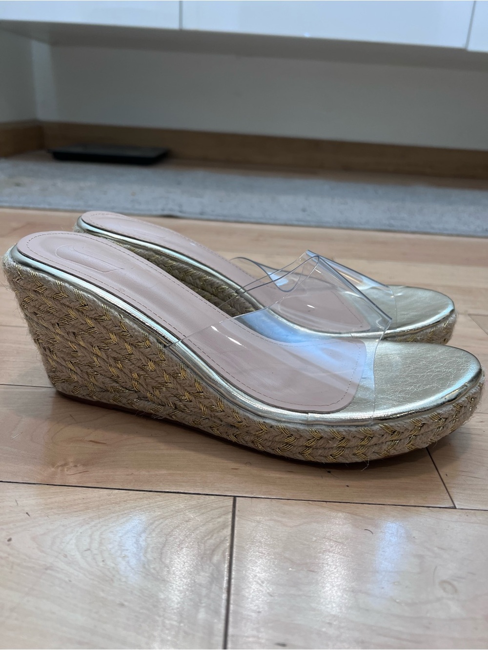 Women’s Gold Clear Strap Espadrille Wedge Sandals Size 41 Platform Summer Shoes